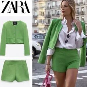 ZARA Green Tweed Cropped Blazer & High Waisted Shorts Coord Set, Size M, NWT